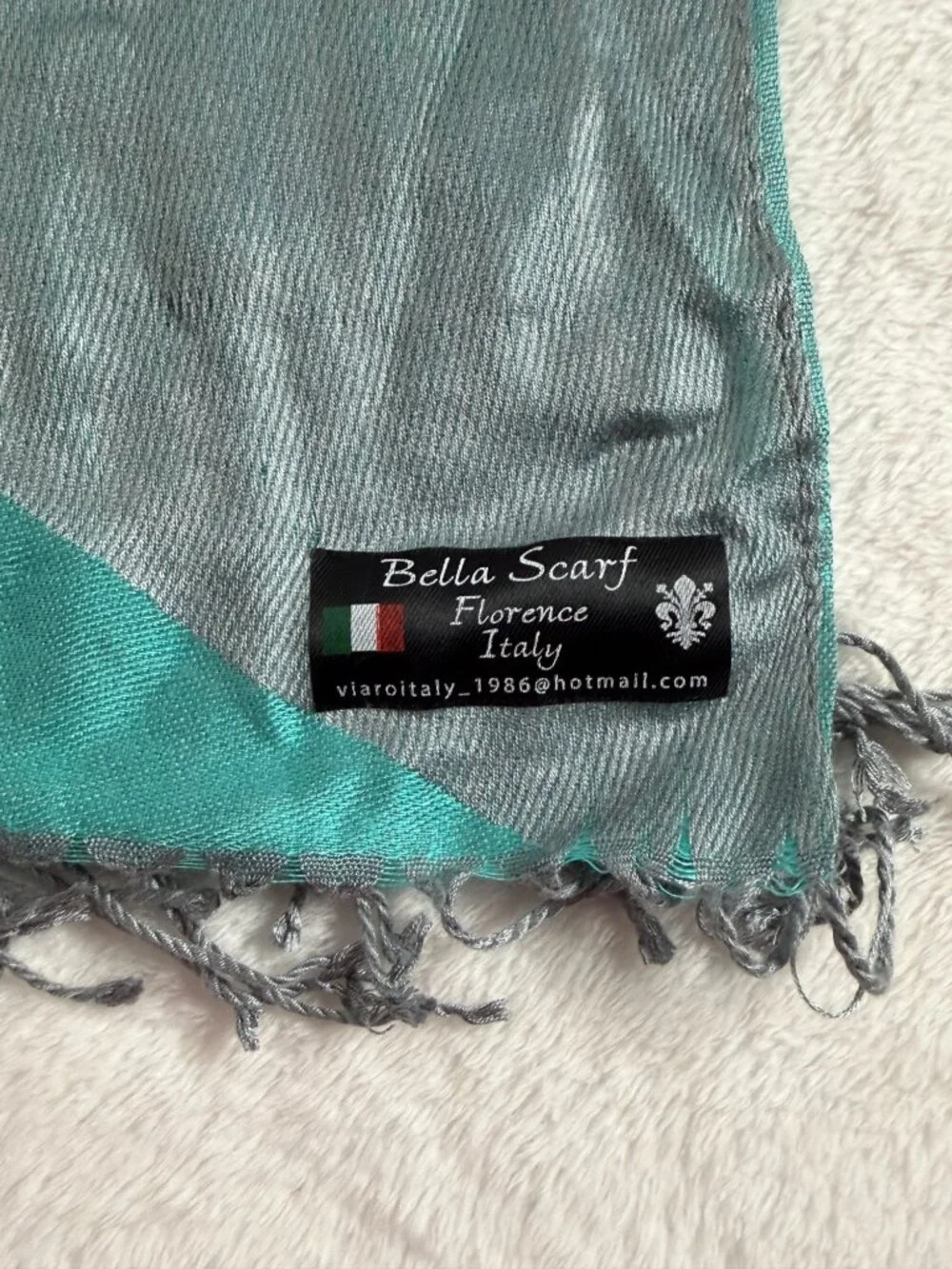 Bella Scarf Florence Italy Silky Gray Teal Colorblock Scarf Wrap 70x26 Fringe